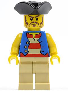 LEGO Minifigure-Pirate Blue Vest, Tan Legs, Black Pirate Triangle Hat, Long Brown Moustache-Pirates / Pirates II-PI082-Creative Brick Builders